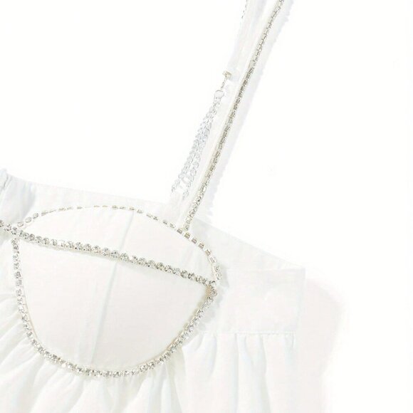 White Casual Women's Spaghetti Strap Rhinestone Cutout Mini A-Line Dress - Picture 10 of 10